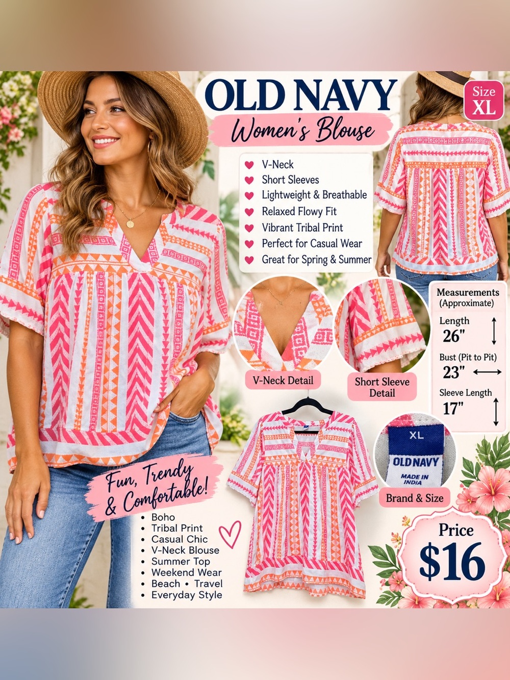 Old Navy Pink and Orange Geometric Peasant Tunic
